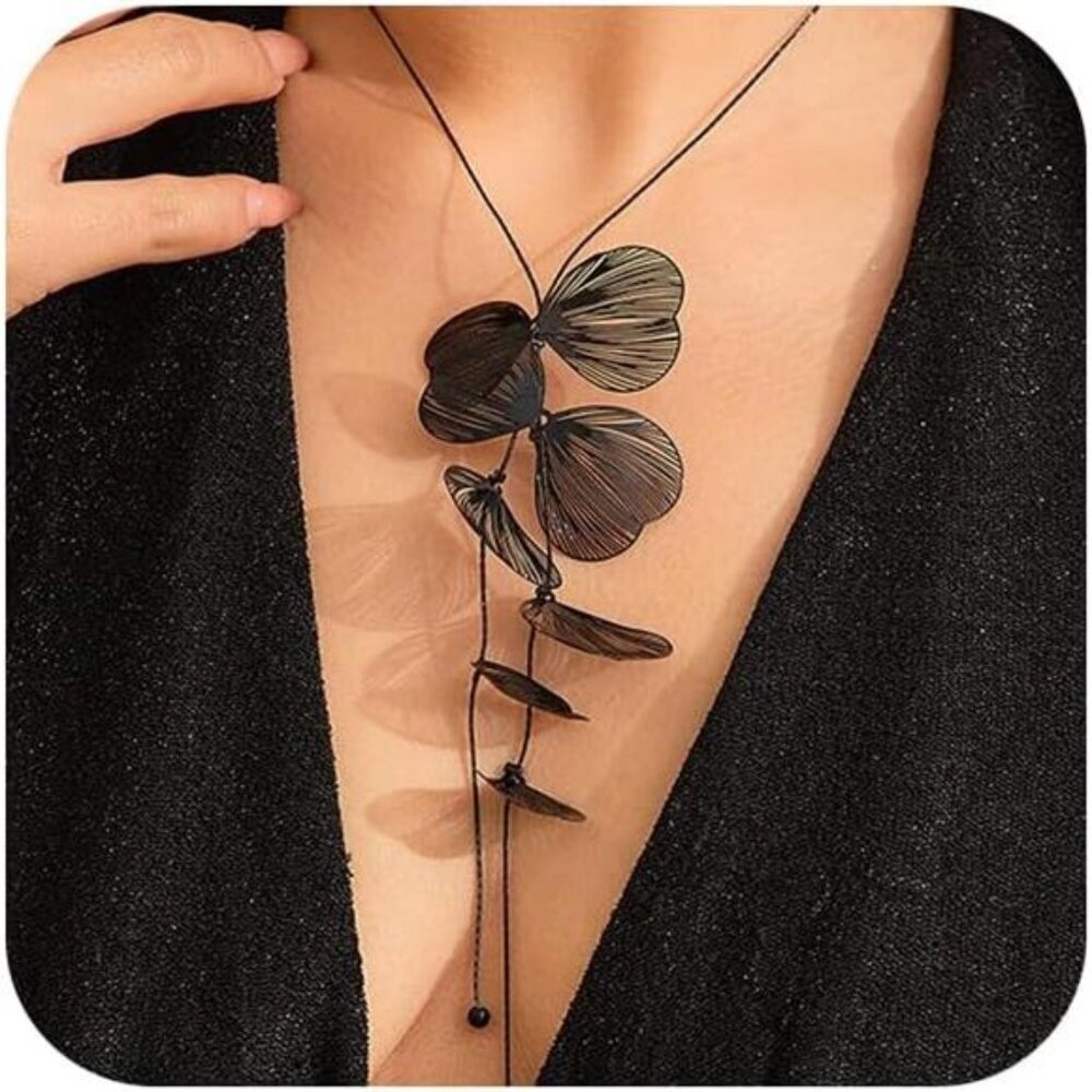 Boho Ginkgo Leaf Y Necklace | Long Floral Pendant Jewelry.
